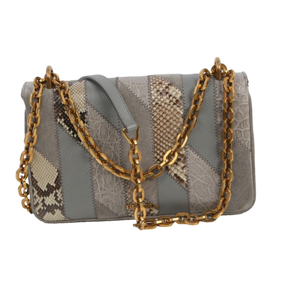 Prada Crocodile Python Suede Leather Exotic Skin Patchwork Flap Shoulder Bag - Picture 2 of 16